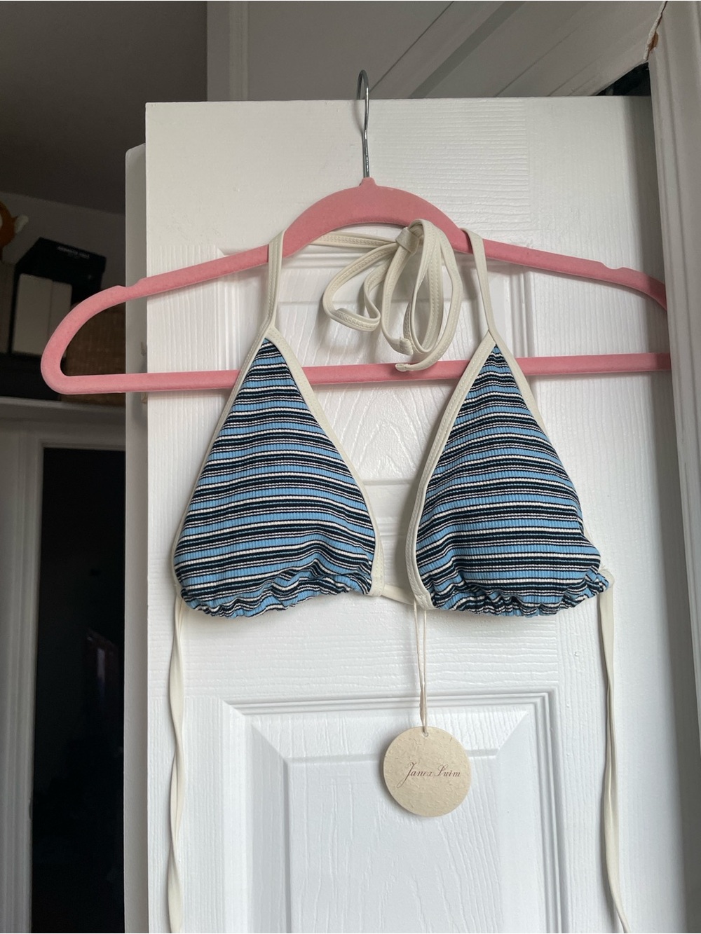 Vintage Blue Knit Striped Ribbed Contrast Binding Halter Triangle Bikini Top